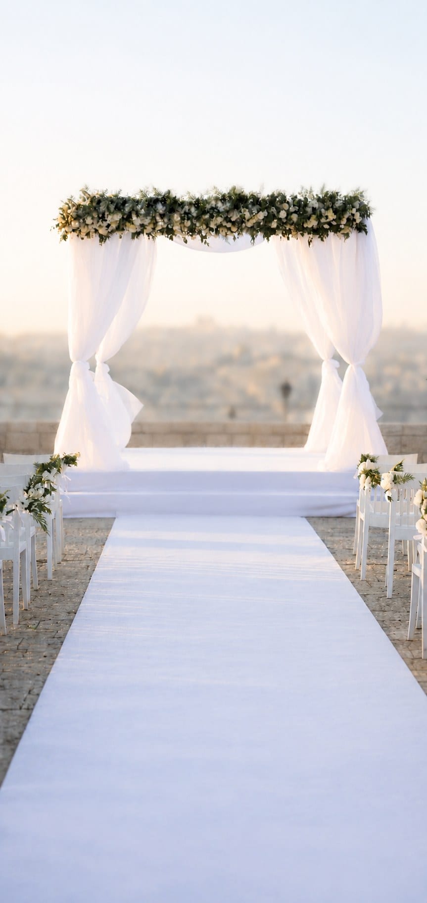 A chuppah dressed in white voile under a garland of roses and eucalyptus, facing Jerusalem at sunrise.