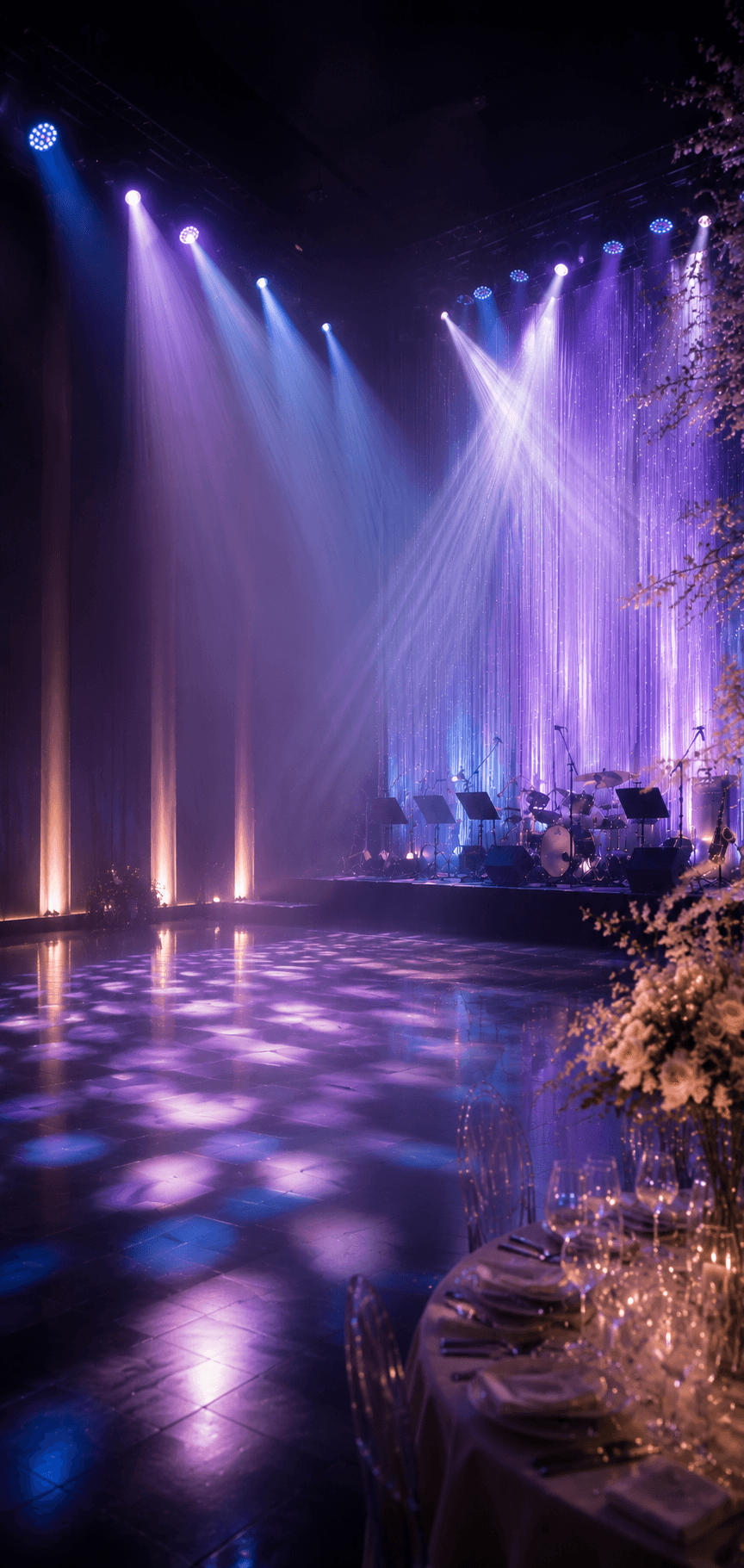 An event hall lit in violet, its stage set for a band and the dance floor reflecting the lights.